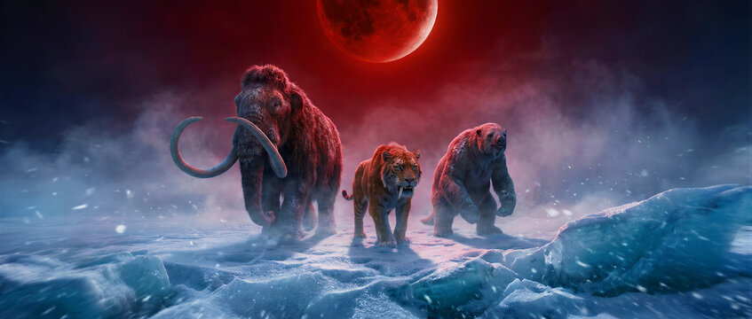 Woolly mammoth, saber-toothed tiger, and sloth walking in a snowy landscape. Prehistoric animals migrate under a giant red moon. Ice age wildlife concept for educational and fantasy marketing.