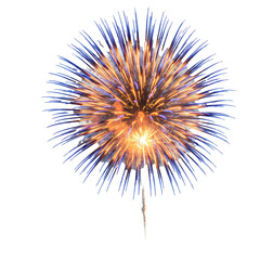 Obraz premium spectacular, hyper-photorealistic, macro view of a large pyrotechnic explosion with a fiery golden core and electric blue light trails, isolated on a white background concept of dazzling brilliance