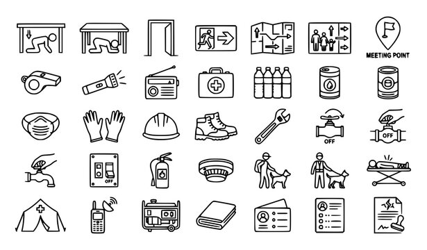 Earthquake safety and preparedness outline icons | Emergency kit evacuation drill seismic editable stroke linear pack on white