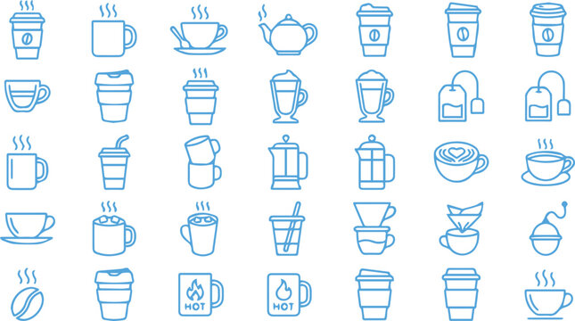Collection of hand drawn coffee and tea shop icons with beverage handdrawn espresso cappuccino frenchpress takeaway coffeebean breakfast caffeine collection isolated restaurant cafeteria