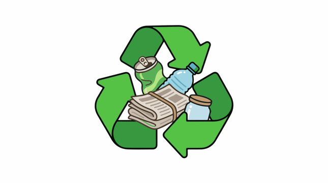 Green recycle symbol with assorted recyclable waste items