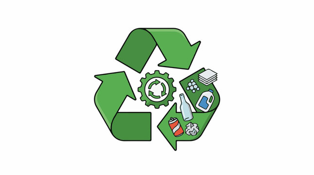 Green recycle symbol with assorted waste items and gears
