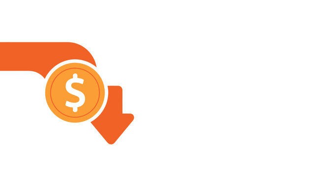 Dollar coin with a downward arrow symbolizing financial decrease or cost reduction.