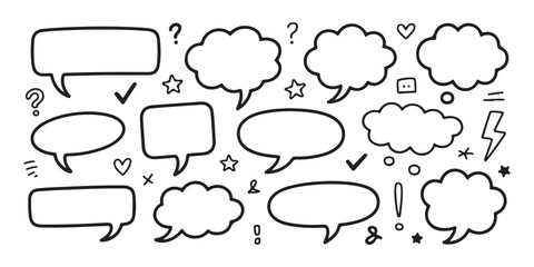 Fototapeta premium Hand drawn speech bubbles and doodle elements like hearts and stars on transparent background.
