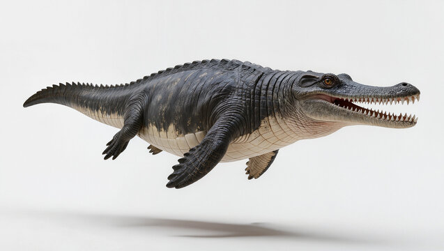 Isolated prehistoric Pliosaur apex predator on a white studio background