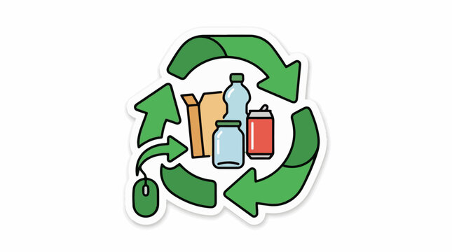 Green arrows surround assorted recyclable items and a computer mouse