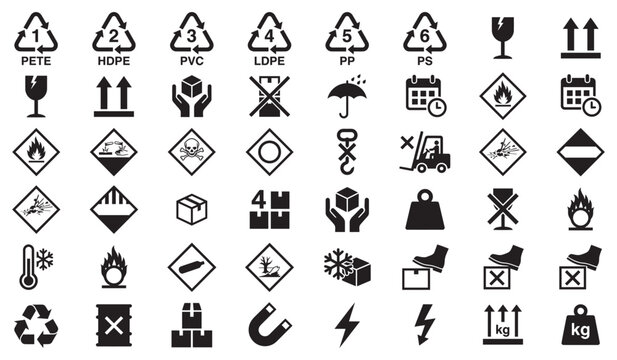 Packaging Symbols Black and White Vector Icon Set for Shipping Handling and Recycling Isolated