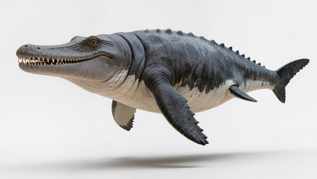 Isolated prehistoric Pliosaur apex predator on a white studio background