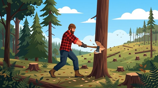 Lumberjack cutting down tree in forest with axe, Concept of deforestation, logging and environment problem, Represents industry and ecology made by AI generative