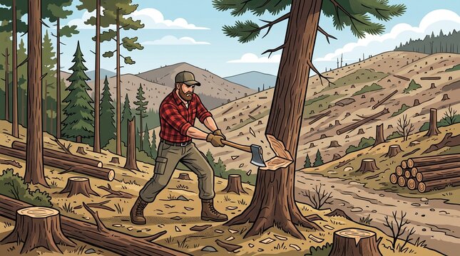 Lumberjack cutting down tree in forest with axe, Concept of deforestation, logging and environment problem, Represents industry and ecology made by AI generative