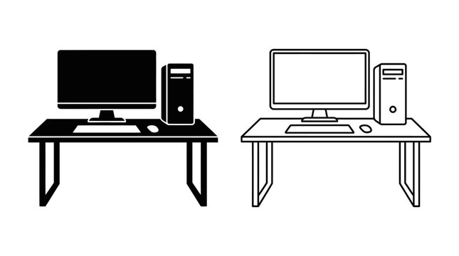 Computer and tower silhouette black and white line art illustration