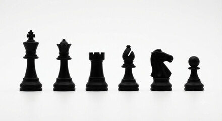 complete set of black chess pieces lined up on white background © Wiji