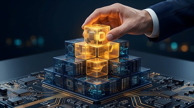 Businessman hand placing the final glowing orange cube on top of a digital technology pyramid