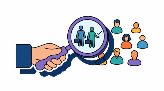 Hand holds magnifying glass examining group of people