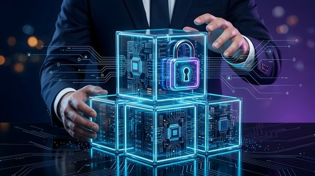 Businessman protecting data with a glowing digital padlock cube on a stack of technology servers