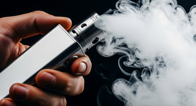 Hand holding a metallic electronic cigarette emitting thick white vapor. Close-up of a person using a vape mod against a dark background. Vaping culture and tobacco alternative concept.