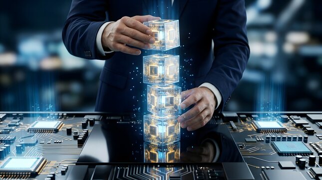 Close up of businessman hands building a stack of digital technology cubes with glowing microchip patterns