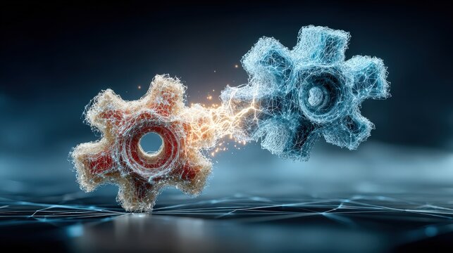 Two interlocking gears, one glowing with warmth and energy, the other covered in frost. ..Created with Generative AI, not depicting real subjects.
