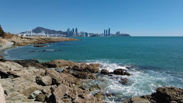 Busan cityscape with Gwangandaegyo Bridge and coastal view, South Korea
