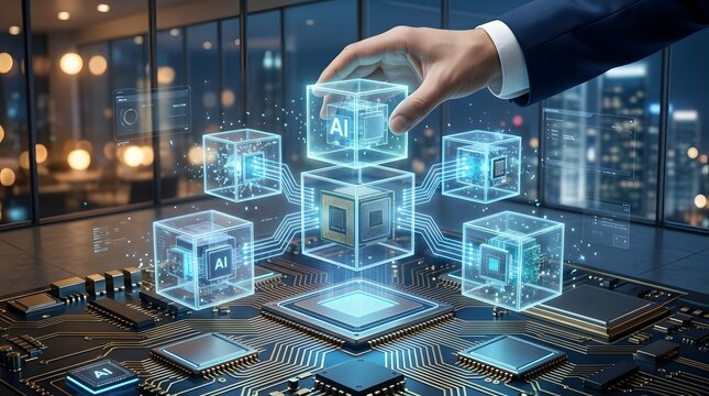 Corporate businessman managing an artificial intelligence neural network of glowing digital cubes in a city office