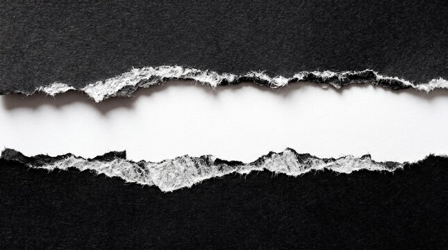 Horizontal strip of ripped dark paper texture exposing clean white background, realistic torn edge effect for creative design projects