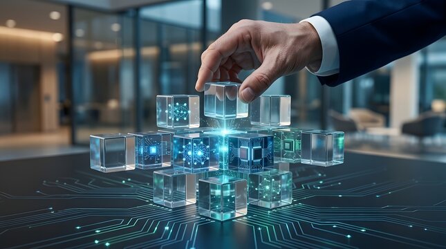 Hand building a floating digital matrix structure with glowing technology cubes on a futuristic motherboard