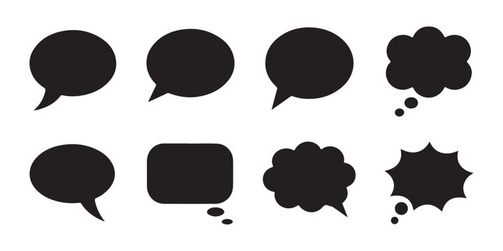 Speech bubble set for comic book dialogue and thought cloud shapes in black isolated on transparent.