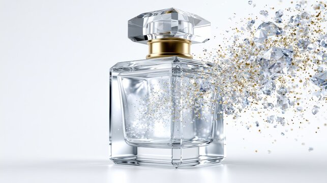 A clear glass perfume bottle with a gold cap, filled with a clear liquid and sparkling particles, sits on a white surface. Shards of glass and golden glitter are exploding outwards from the bottle.