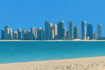 Obraz premium Modern City Skyline Overlooking a Tropical Beach and Ocean.