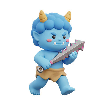 Blue cartoon monster with horns holding a weapon
