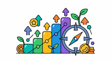 Naklejka premium Growing bars arrows pointing up compass coins and plants symbolize success
