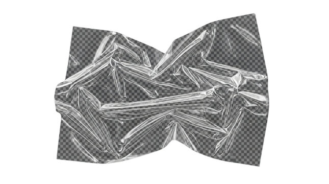 Crumpled plastic wrap texture on transparent background, wrinkled cellophane sheet overlay, clear cling film material for product packaging mockup