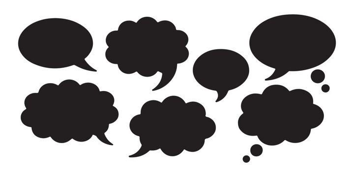 Cloud speech bubble shapes for comic book dialogue and thought clouds in solid black flat silhouettes.