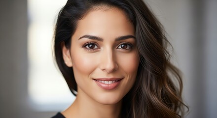 Naklejka premium Beautiful Woman Smiling Portrait, Natural Beauty, Healthy Skin, Confident Woman, Close-up Face