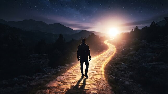 A lone man walking on a glowing path towards a bright sunrise in the mountains.