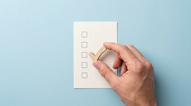 Hand checking item on checklist, to do list, task completion, organization.