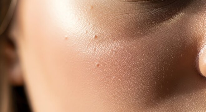 Close-up of young woman's cheek with minor skin blemishes and texture