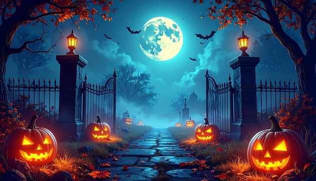 Spooky Halloween scene with glowing jack-o'-lanterns at a misty cemetery gate under a full moon