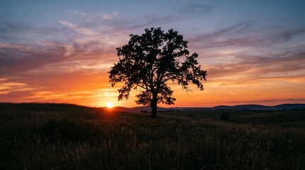 Fototapeta premium Silhouette of single tree in field at beautiful sunset. Concept of nature, freedom, and peaceful landscape, Represents travel and countryside scenery made by AI generative