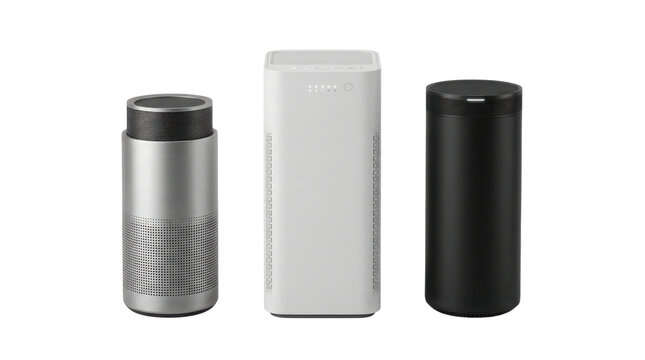 Modern smart home speakers and wireless router set, minimalist electronic devices in black white and silver, high tech home audio equipment on white background
