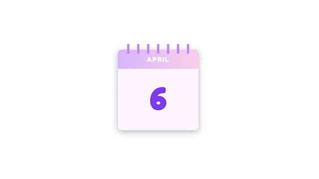 Calendar page animation showing shifting dates in april with purple typography on a clean white background motion video clip