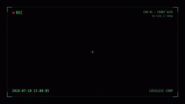 Security camera interface displaying a digital recording frame with green text overlays and time stamps in this motion video clip