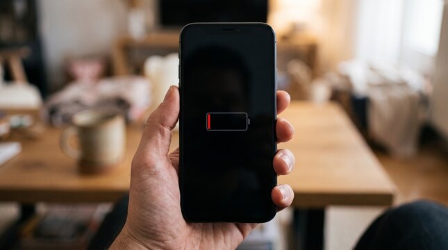 Hand holding smartphone with low battery icon on screen, Concept of technology, dead battery, and urgent problem made by AI generative