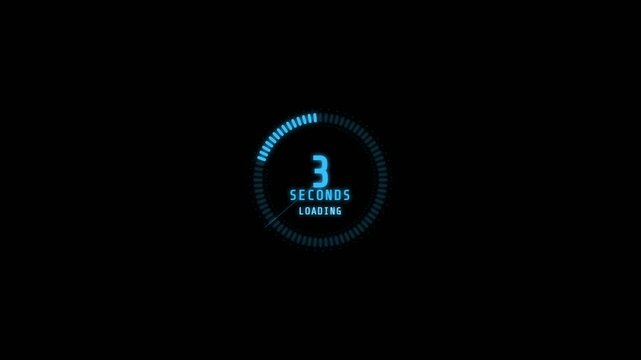 Glowing blue circular countdown timer animation features digital numbers and progress bars in this high quality motion graphics video clip