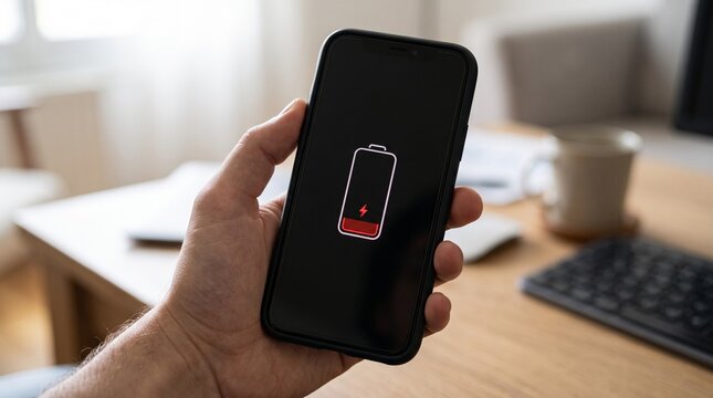 Hand holding smartphone with low battery icon on screen, Concept of technology, dead battery, and urgent problem made by AI generative
