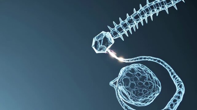 Close-up microscope view showing translucent bacteriophage style organism with segmented body, conical spines, faceted head, coiled cell forms, and cool cyan highlights on dark background