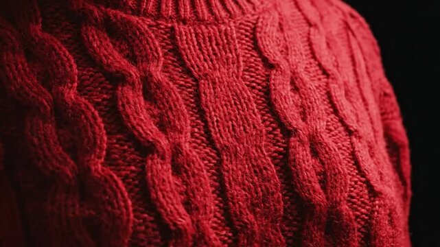 Close up view of the intricate cable knit pattern of a vibrant red sweater garment against a black backdrop