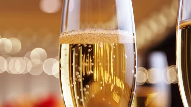 champagne glasses fizzing bubbles indoor possibly festive setting with bokeh lights in the background close-up slightly elevated angle celebratory and festive mood.