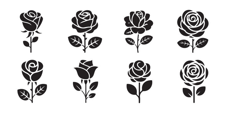 Minimalist rose flower silhouette icons with stem and leaf details for elegant floral design layout.