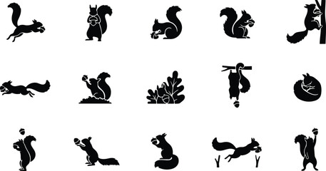 Fototapeta premium Squirrel icon set diverse poses and acorn motifs in black silhouette
